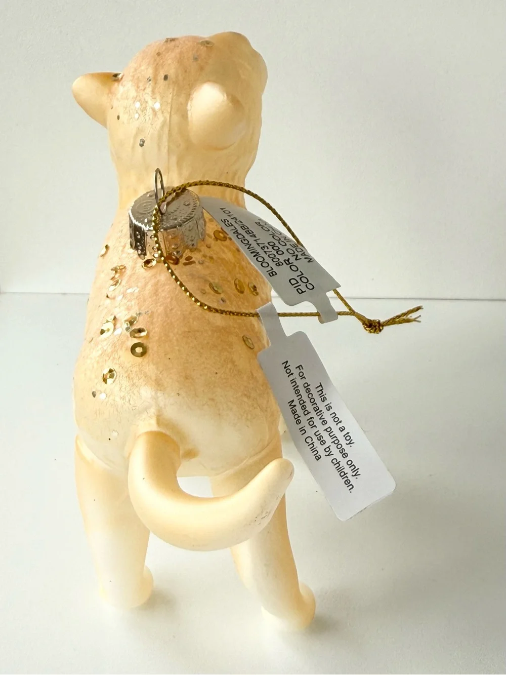 Bloomingdale’s Glass Cat Ornament Ivory Gold Sequin Christmas Decor NWT